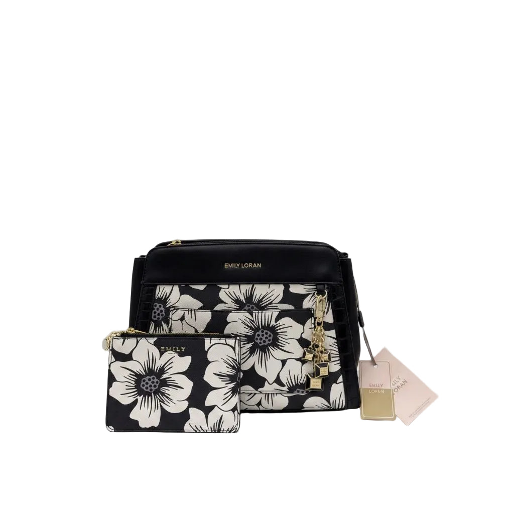 Emily Loran Black White Floral Scarf Bag