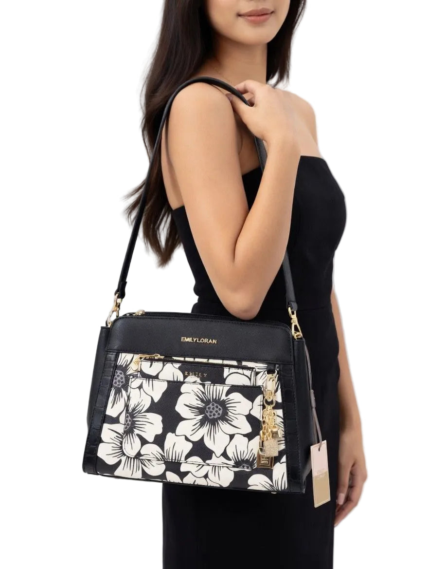 Emily Loran Black White Floral Scarf Bag
